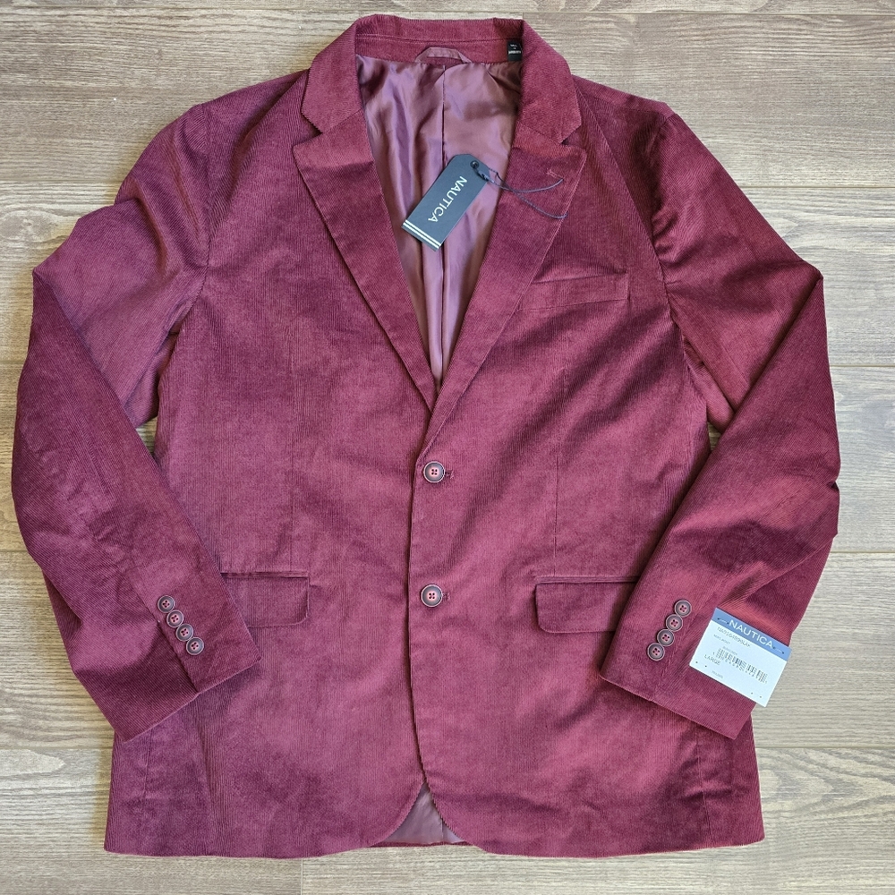 NAUTICA Sport Coat Mens L Burgundy Mirco Corduroy Modern Blazer Academia Preppy